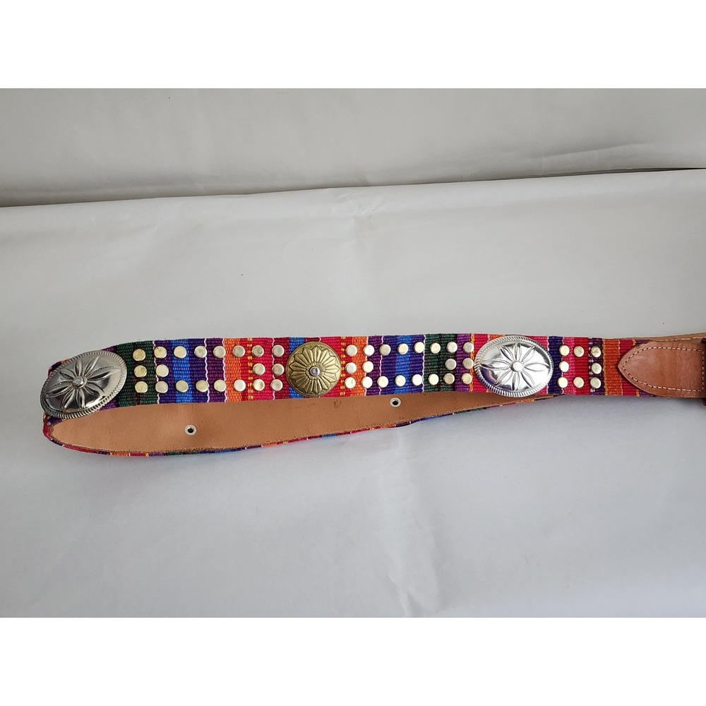 Vintage Express Woven Leather Concho Studded Belt Multicolor Boho Southwestern M